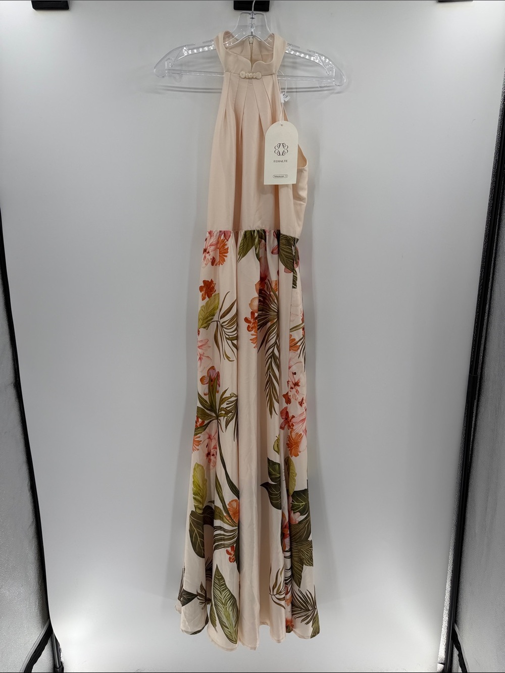 Fehaute Beige Floral Bow Satin Halter A-Line Gown Dress - Beige - 6 - NWT - Picture 2 of 12